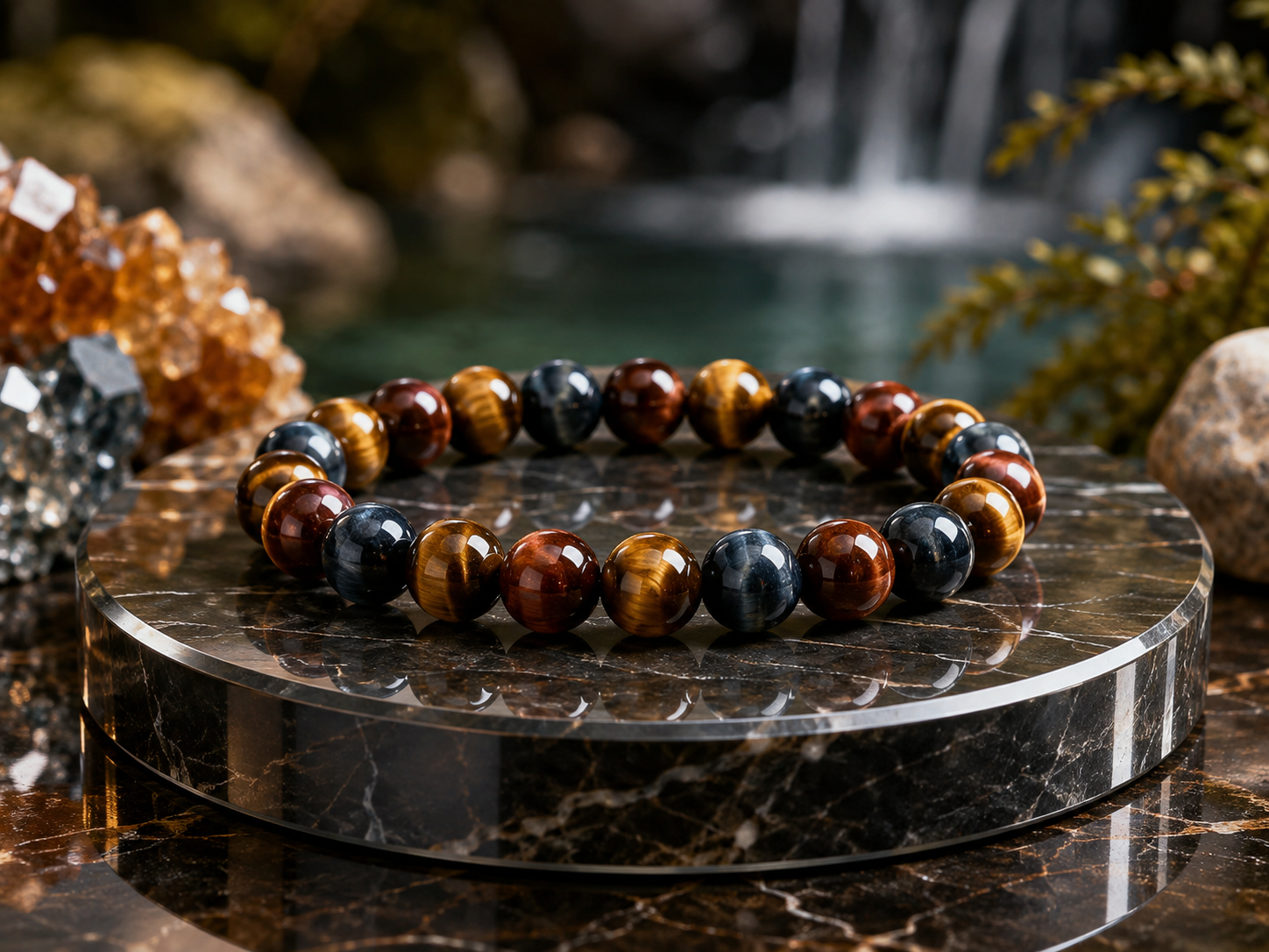 Bracelet Trois Yeux ,Œil de Tigre, Œil de Faucon, Œil de Taureau AA+